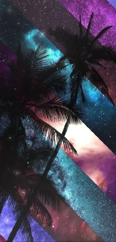 Silhouetted palms against a vibrant galaxy sky.