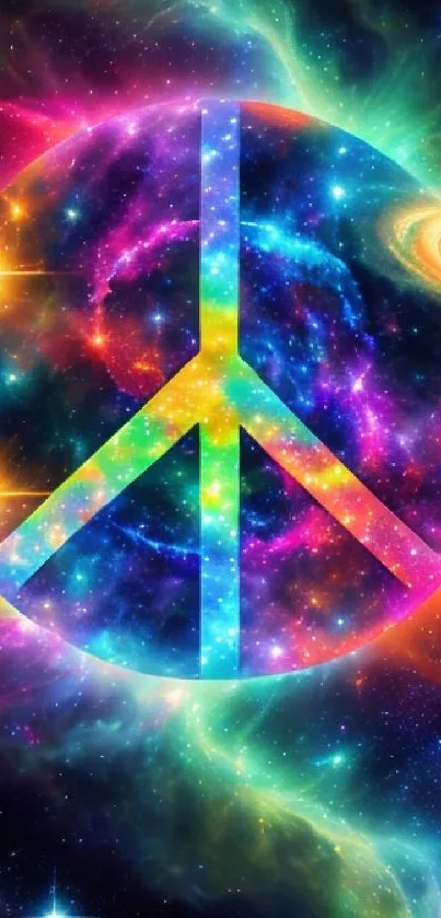 Colorful galaxy peace symbol mobile wallpaper with starry background.