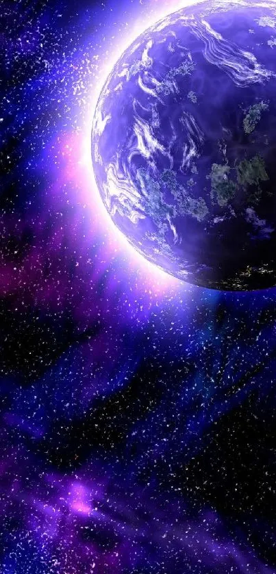 Vibrant glowing planet in purple cosmic space.