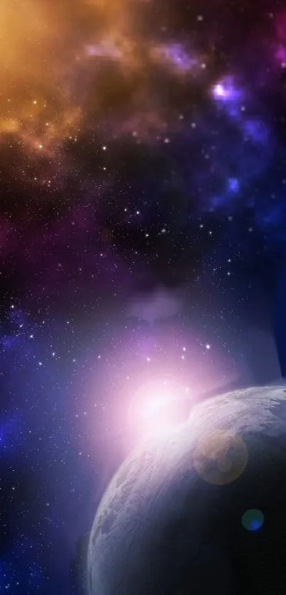 Colorful galaxy wallpaper with stars and a distant planet.