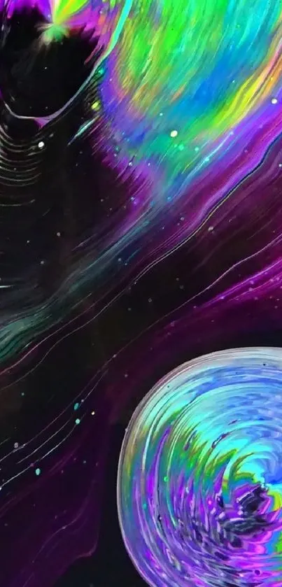 Vibrant galaxy wallpaper with colorful cosmic swirls and spheres in purples and blues.