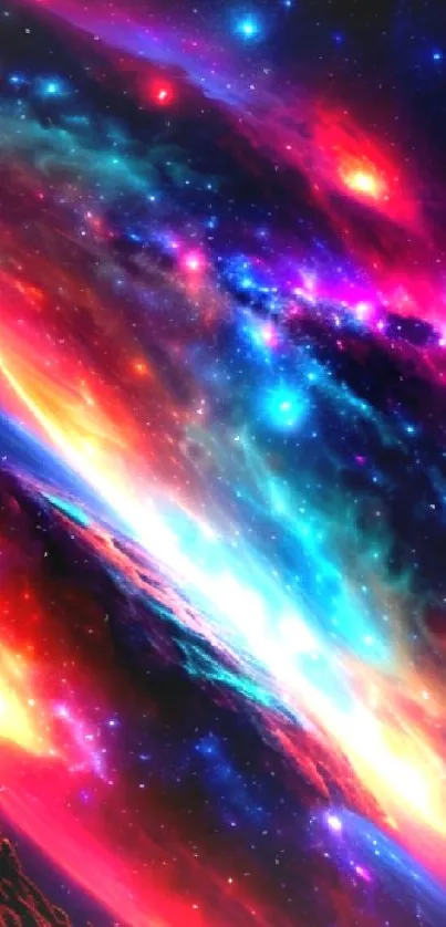 Vibrant galaxy wallpaper with colorful nebulae and cosmic scenery for mobile screens.