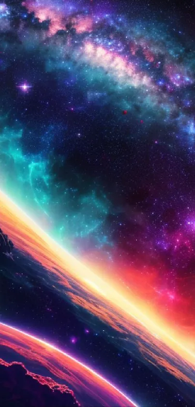 Vibrant galaxy wallpaper with swirling colors and cosmic stars.