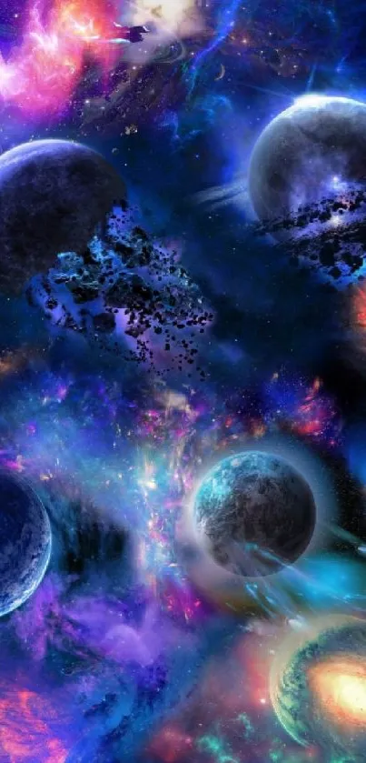 Vibrant galaxy wallpaper with planets and colorful nebulas in space.