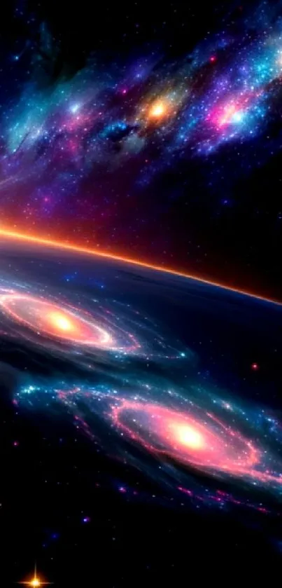 Vibrant galaxy with colorful swirling galaxies and starry background.