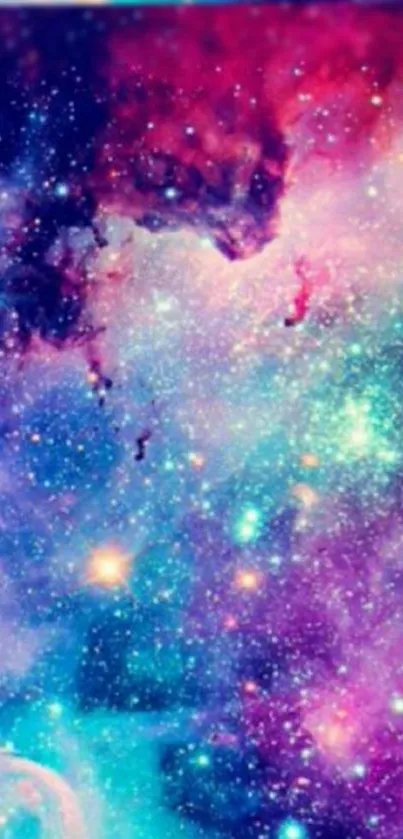 Colorful galaxy wallpaper with purple, blue, and pink cosmic swirls.