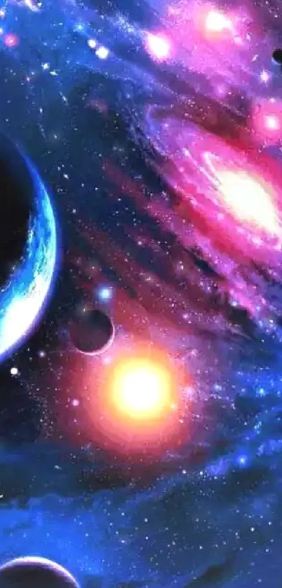 Vibrant galaxy wallpaper with planets and colorful cosmic elements.