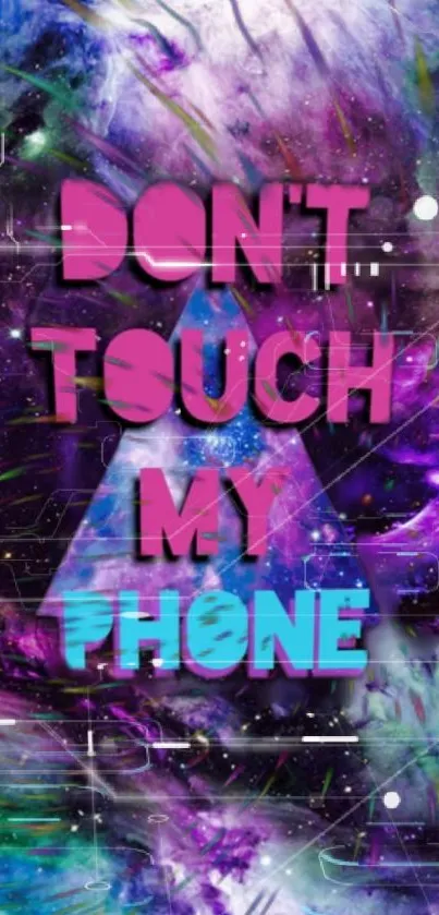 Vibrant galaxy-themed phone wallpaper with bold typography and cosmic colors.