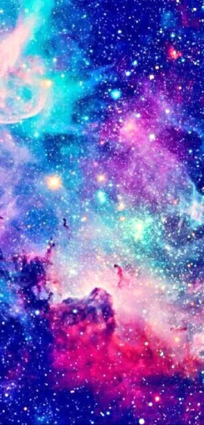 Vibrant galaxy mobile wallpaper with stars and nebulae in blues and purples.