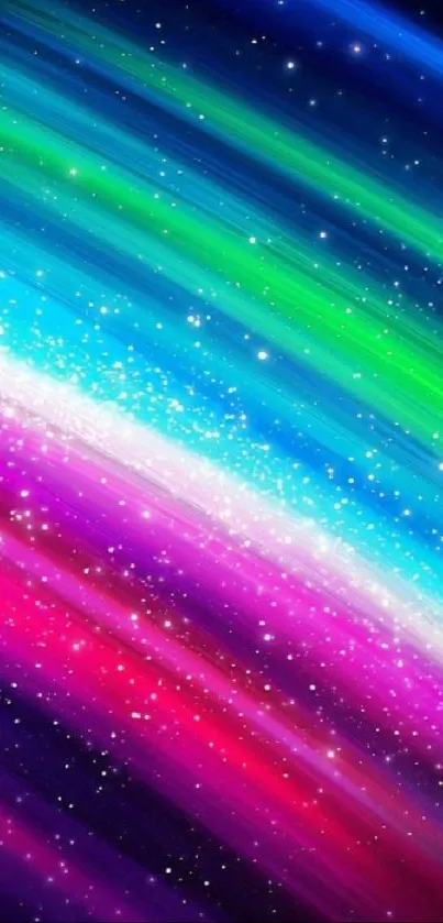 Vibrant galaxy wallpaper with colorful streaks and starry night sky.