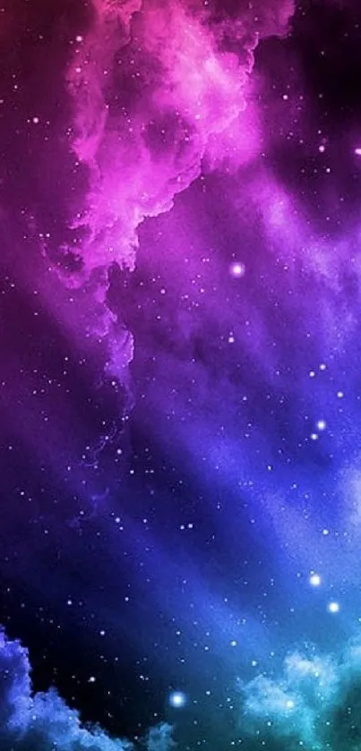 Colorful galaxy wallpaper with stars and vibrant purple nebula.