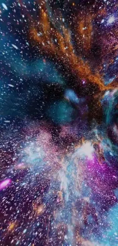 Vibrant galaxy wallpaper with swirling cosmic colors and stars.