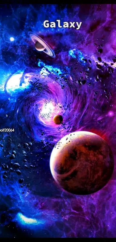 Vibrant galaxy wallpaper with planets and cosmic swirls.