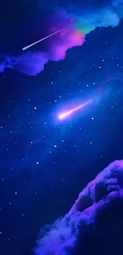 Dark blue galaxy wallpaper with shooting star and colorful clouds.