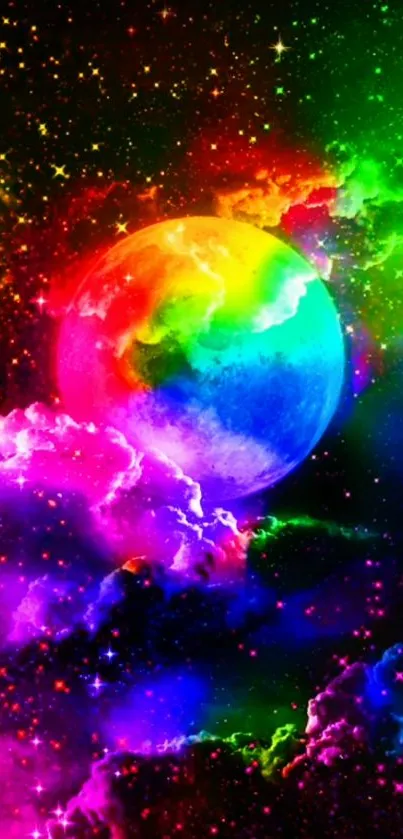 Vibrant galaxy wallpaper with rainbow hues and nebula clouds, perfect for phones.