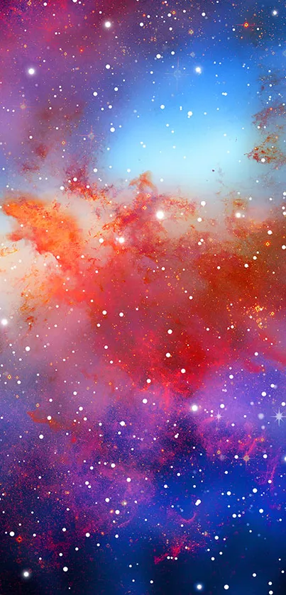 Vibrant galaxy wallpaper with blues, reds, and purples in a star-filled space scene.