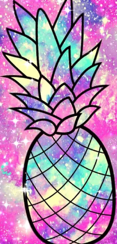 Colorful galaxy pineapple wallpaper with vibrant pink and blue hues.