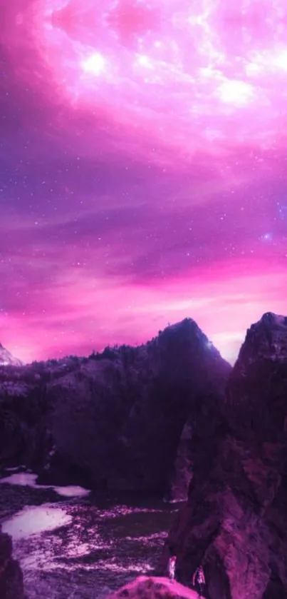 Pink galaxy with mountains and stars in a vibrant mobile wallpaper.