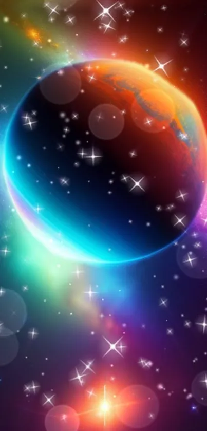 Colorful galaxy planet wallpaper with stars and cosmic glow.