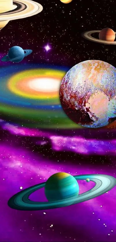 Vibrant galaxy with colorful planets in a cosmic scene.