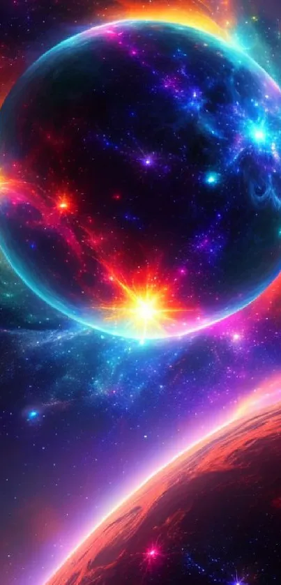 A vibrant wallpaper of glowing planets in a colorful galaxy scene.