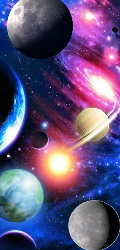 Colorful galaxy with planets and stars wallpaper.