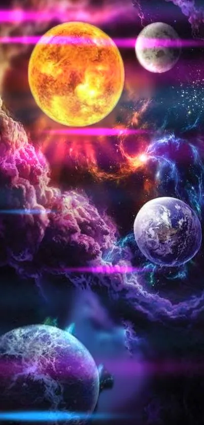 Vibrant cosmic wallpaper with colorful planets and nebulae.