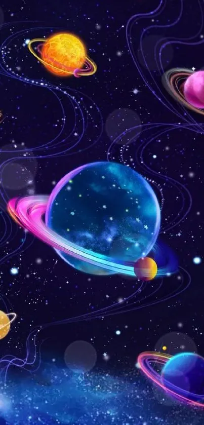 Vibrant galaxy wallpaper with colorful planets.