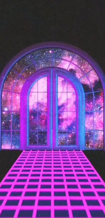 Vibrant galaxy-themed wallpaper with pink and purple doorway and grid pattern.