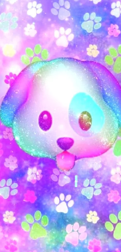 Cute galaxy puppy emoji on vibrant pink background with paw prints.