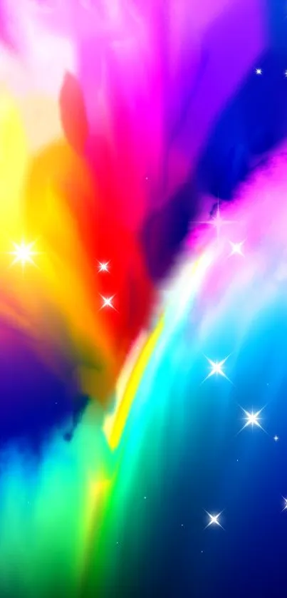 Vibrant rainbow galaxy wallpaper with stars and colorful cosmic design.