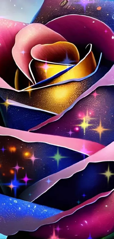 Vibrant galaxy rose with cosmic colors in a digital wallpaper design.