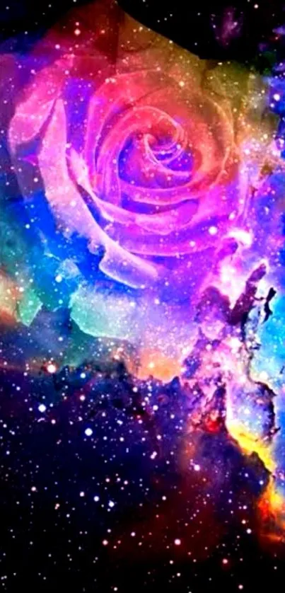 Vibrant cosmic rose with galaxy background for mobile wallpaper.