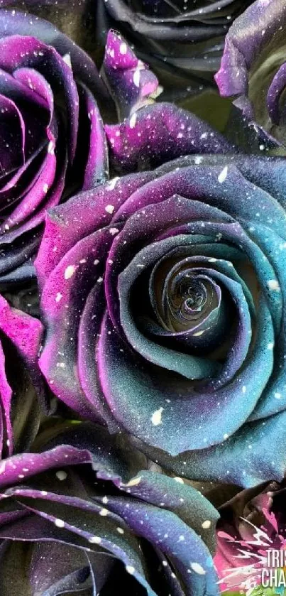 Vibrantly colored galaxy rose wallpaper with purple and blue hues.