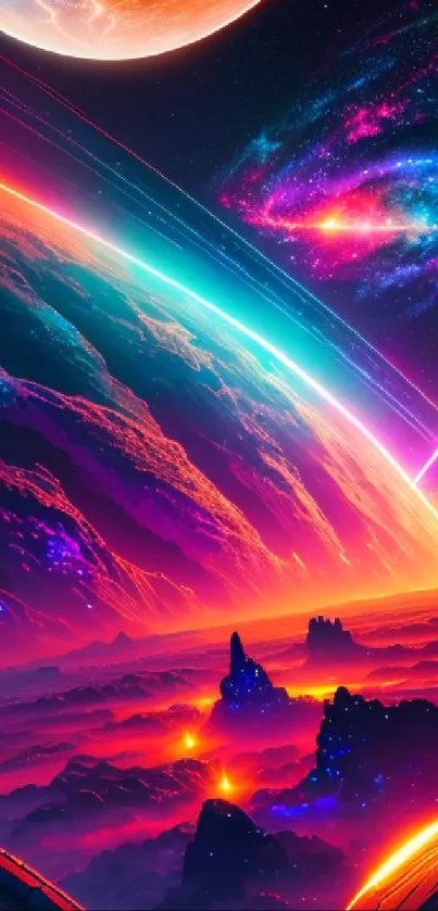 Vibrant sci-fi galaxy wallpaper with colorful planets and nebula.