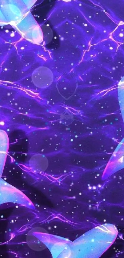 Galaxy-themed wallpaper with glowing sharks in vibrant purple hues.