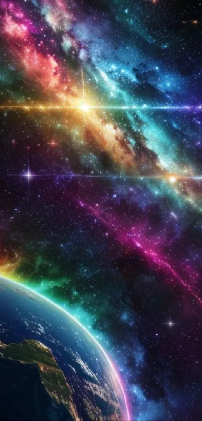 Vibrant galaxy wallpaper with Earth and colorful cosmos background.