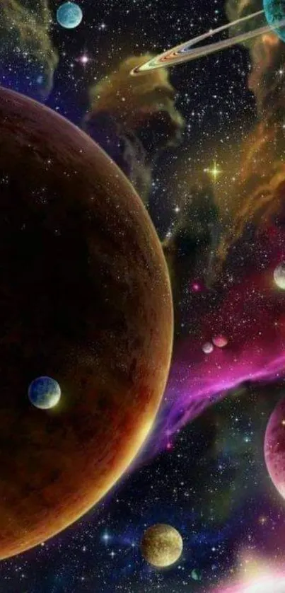 Cosmic space wallpaper with vibrant planets and galaxies.