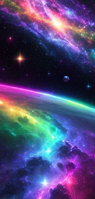 Vibrant rainbow galaxy wallpaper with stars and cosmic view for mobile display.