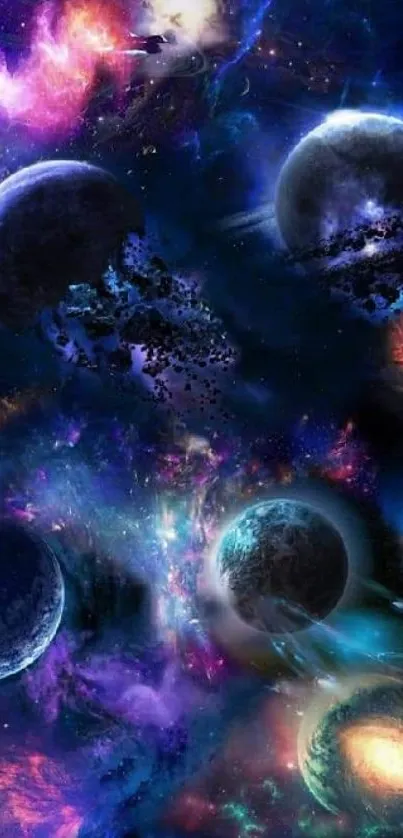 Colorful galaxy wallpaper with planets and stars.