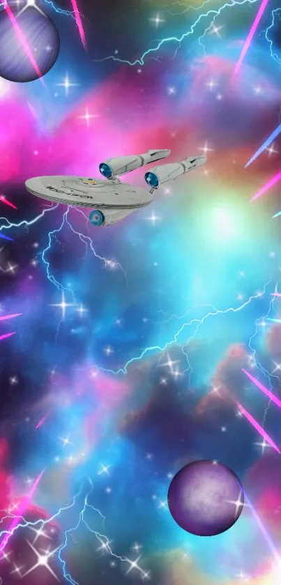 Vibrant galaxy wallpaper with spaceship and cosmic lightning.