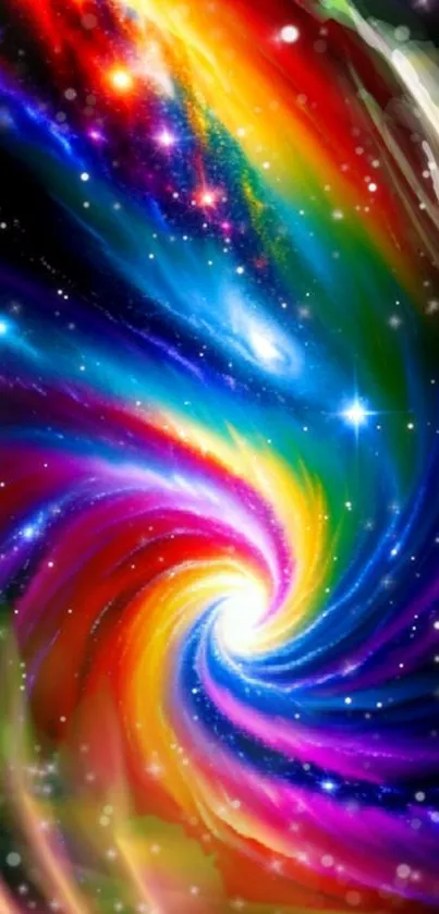 Vibrant galaxy spiral wallpaper with cosmic colors and stars.