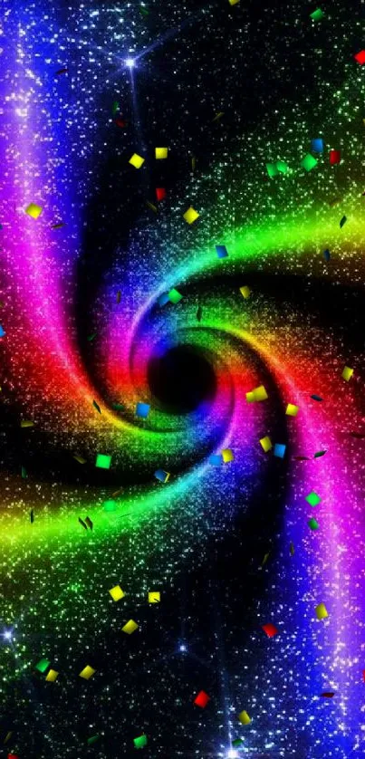 Vibrant galaxy swirl with neon colors on a black background.