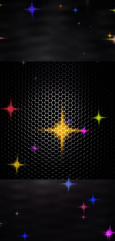 Vibrant galaxy stars on dark honeycomb background mobile wallpaper.