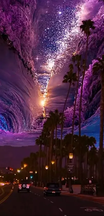 Surreal galaxy sky over a palm-lined street with vibrant purple hues.