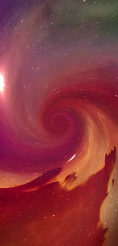 Red and purple galaxy swirl wallpaper with a cosmic vortex design.