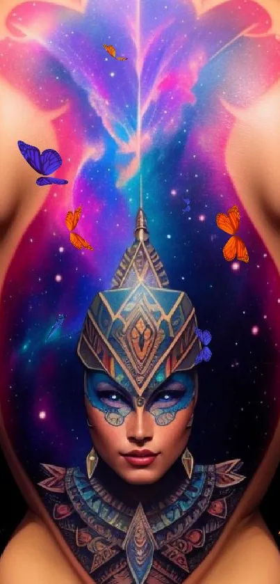 Vibrant galaxy tattoo on back with colorful cosmic elements.