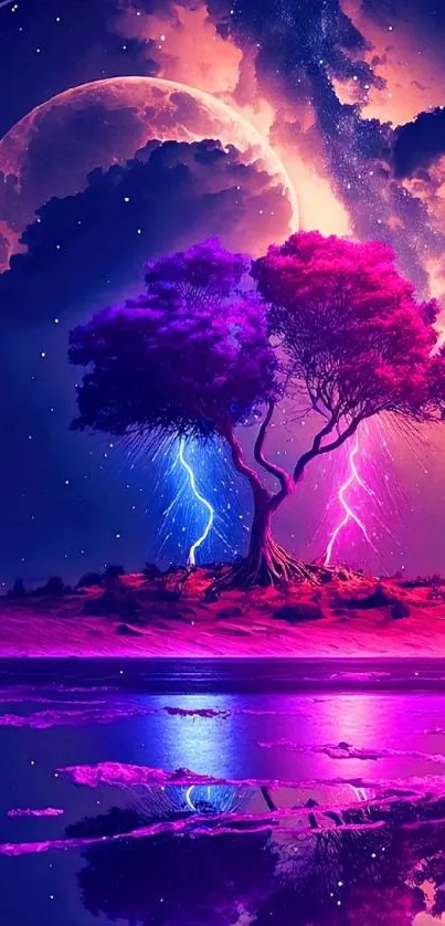 Vibrant galaxy wallpaper with purple trees.