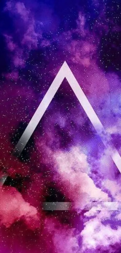 Vibrant galaxy with triangle design in purple hues mobile wallpaper.