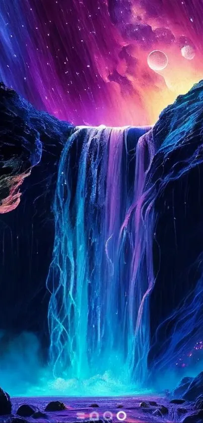 Vibrant galaxy waterfall with cosmic colors and mystical landscape on mobile wallpaper.
